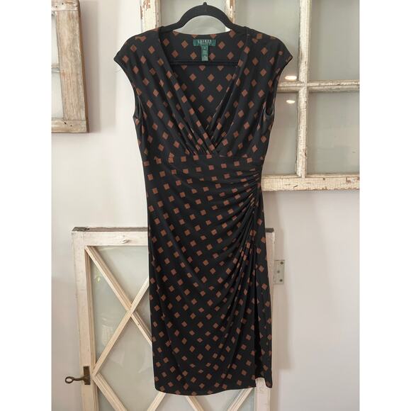Lauren Ralph Lauren Dresses & Skirts - Black and tan polka-dot Lauren Ralph Lauren faux-wrap dress size 4